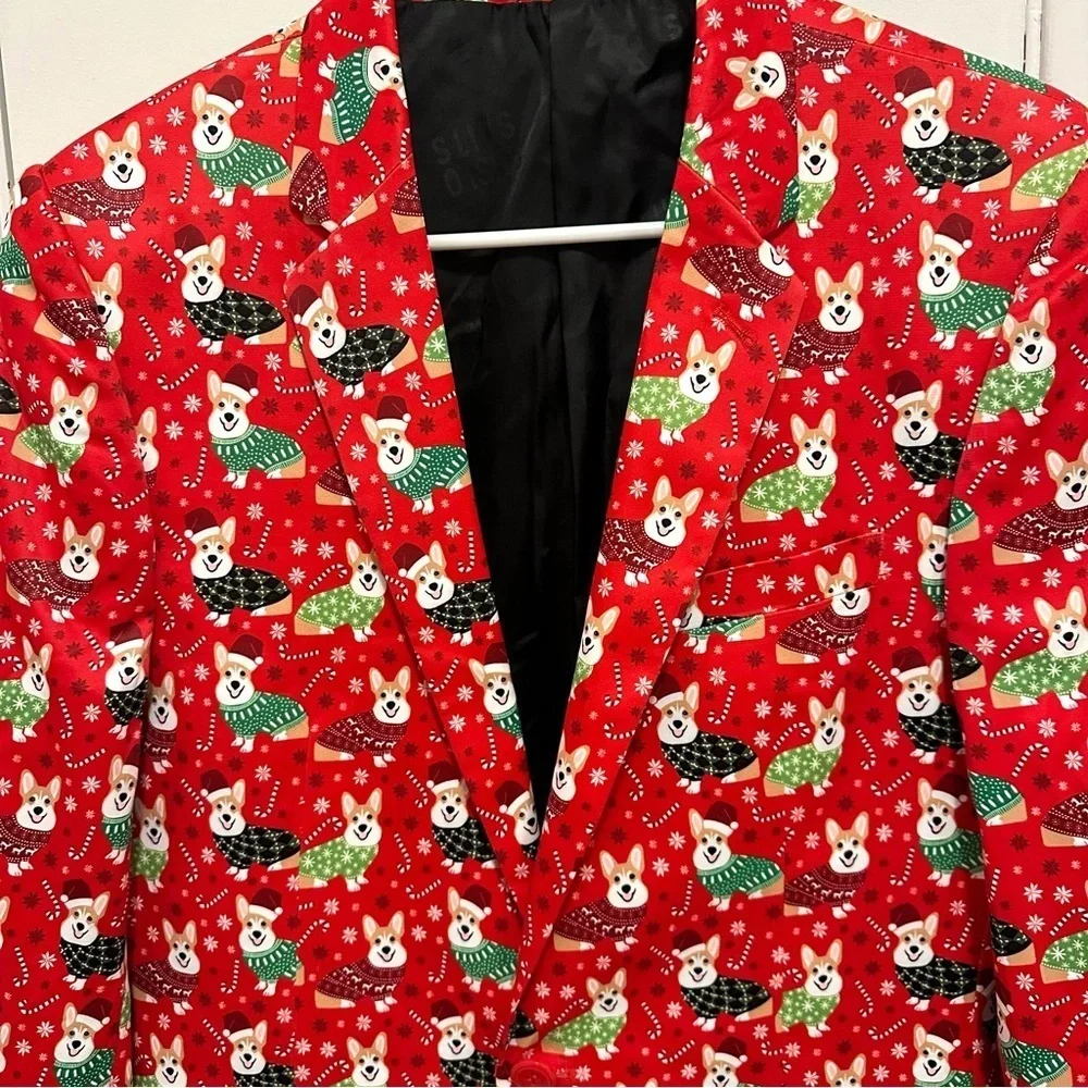 Suslo Couture Christmas Corgi Dog Mens M Red Blazer Slim Fit Lined party holiday
